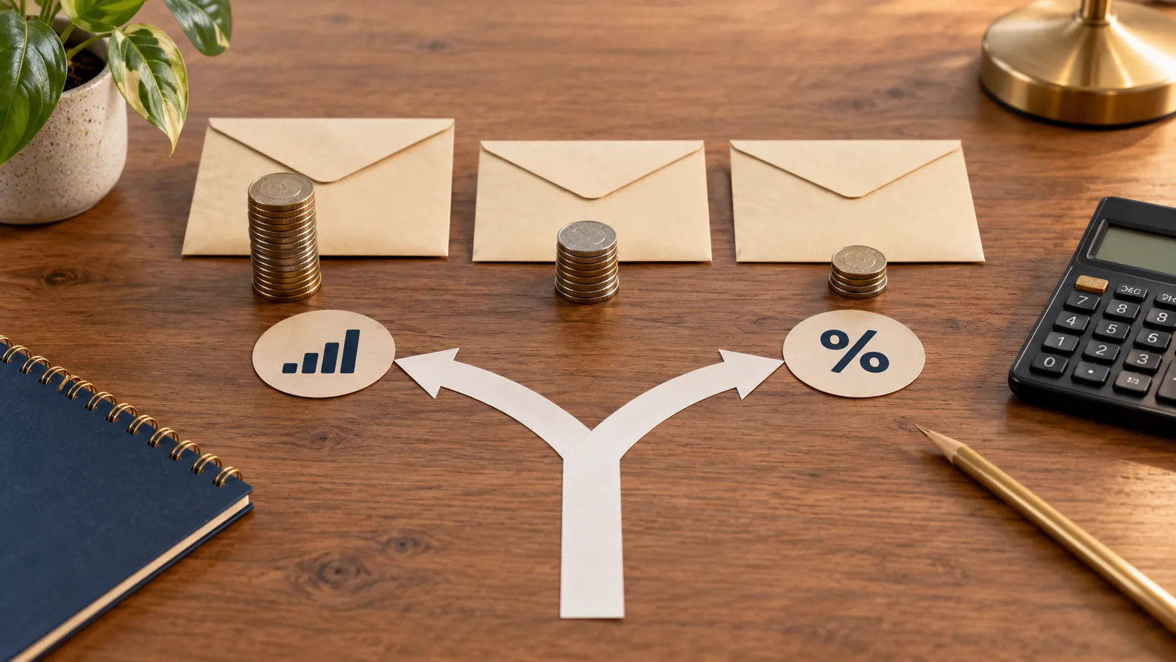 Warm desk scene with envelopes, coins, calculator, and a forked financial path