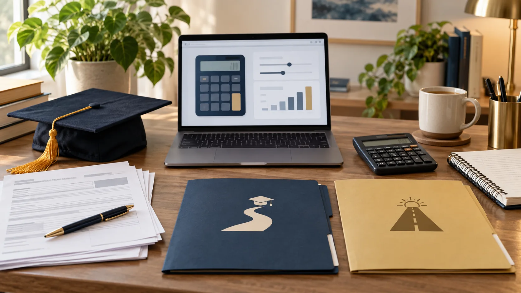 Professional desk with graduation cap, loan paperwork, calculator, and laptop displaying a financial planning interface