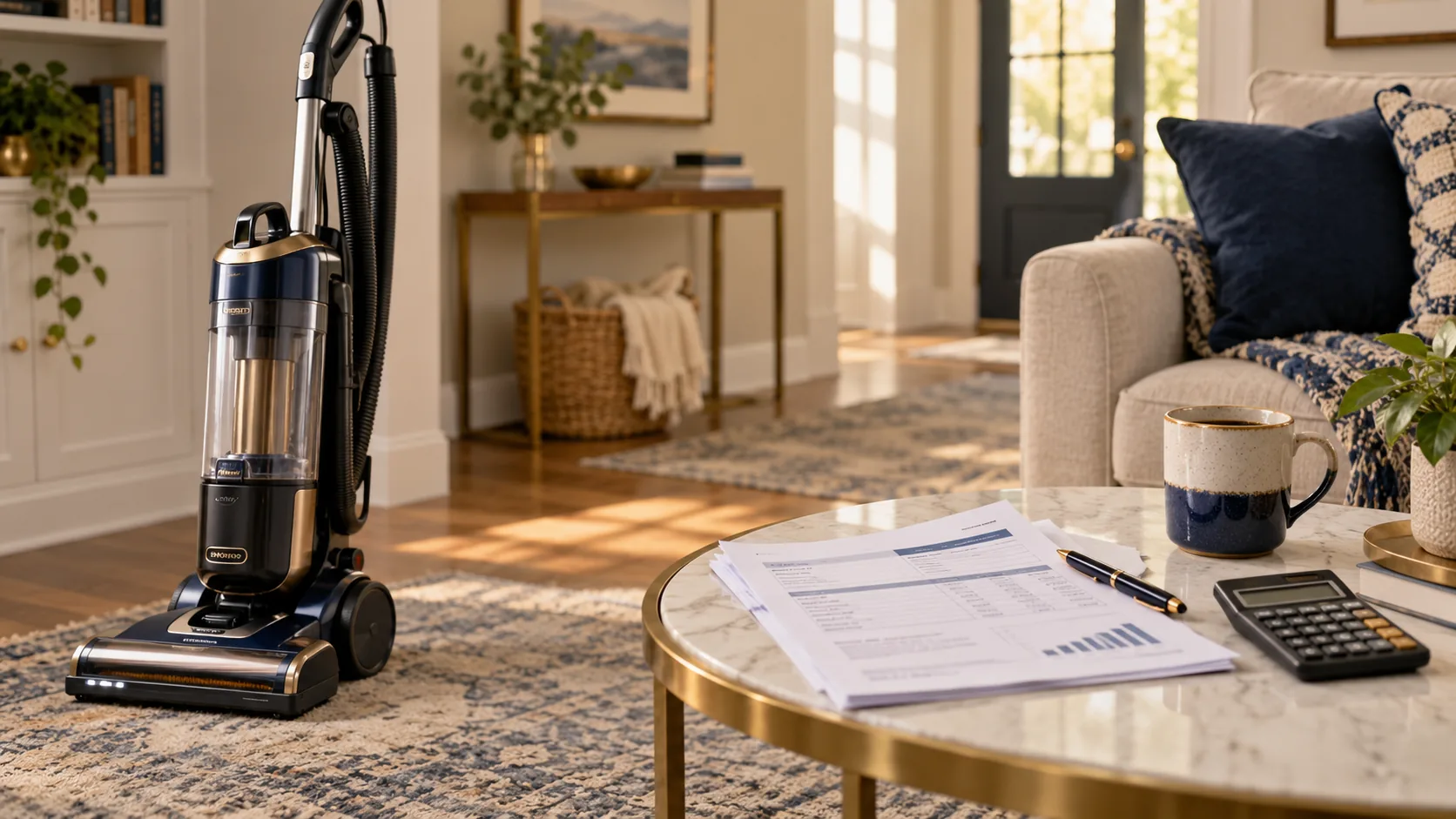 Warm living room with a vacuum and financial paperwork on a table